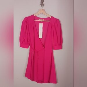 Dream & Marvel Barbiecore Feminine Hot‎ Pink A-Line V-Neck Dress Size L New